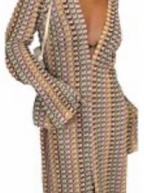 Deep V-Neck Long Sleeve Maxi Dress in Beige Stripe